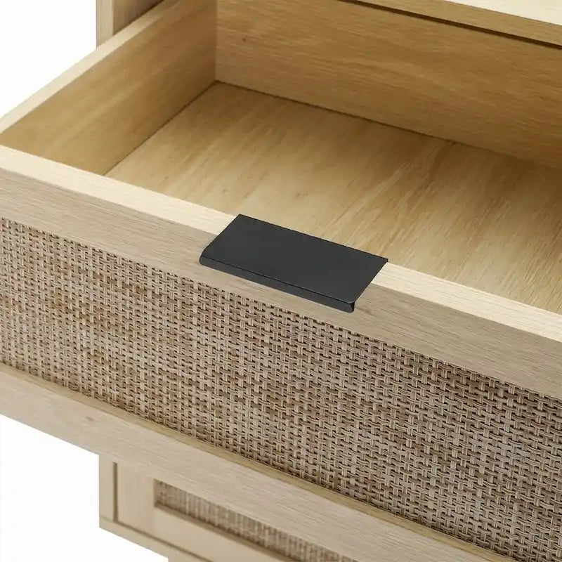 Commode de rangement à 3 tiroirs avec panneaux en rotin et pieds en pin, bleue