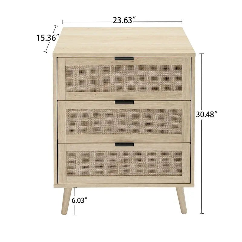 Commode de rangement à 3 tiroirs avec panneaux en rotin et pieds en pin, bleue
