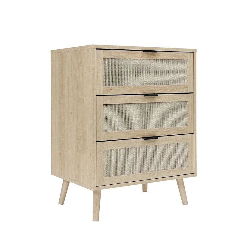 Commode de rangement à 3 tiroirs avec panneaux en rotin et pieds en pin, bleue