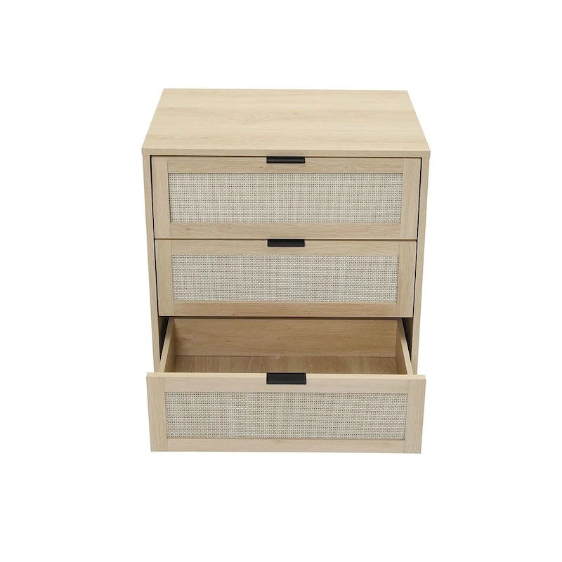 Commode de rangement à 3 tiroirs avec panneaux en rotin et pieds en pin, bleue