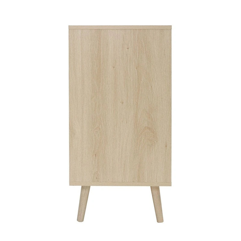 Commode de rangement à 3 tiroirs avec panneaux en rotin et pieds en pin, bleue
