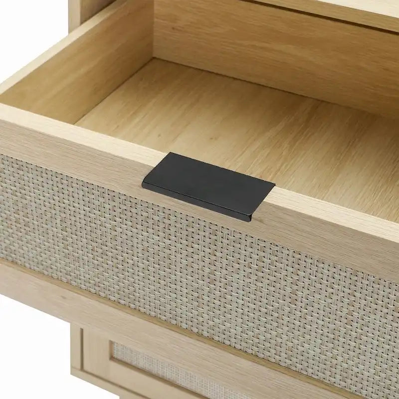 Commode de rangement à 3 tiroirs avec panneaux en rotin et pieds en pin, bleue