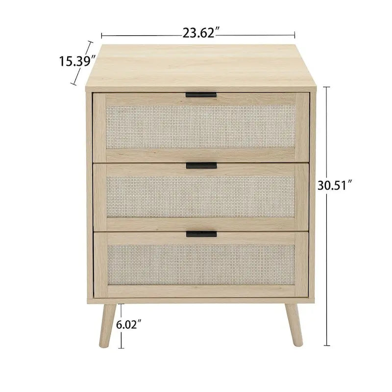 Commode de rangement à 3 tiroirs avec panneaux en rotin et pieds en pin, bleue