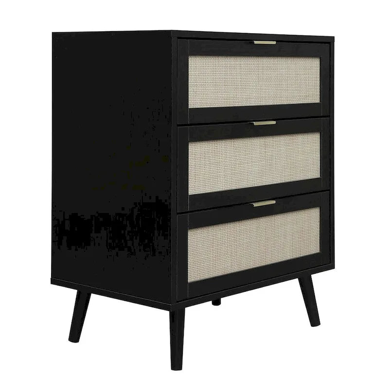 Commode de rangement à 3 tiroirs avec panneaux en rotin et pieds en pin, bleue