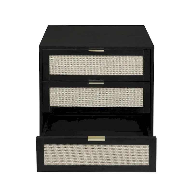 Commode de rangement à 3 tiroirs avec panneaux en rotin et pieds en pin, bleue