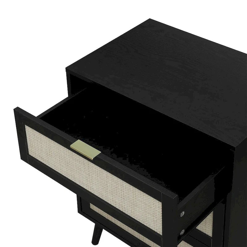 Commode de rangement à 3 tiroirs avec panneaux en rotin et pieds en pin, bleue