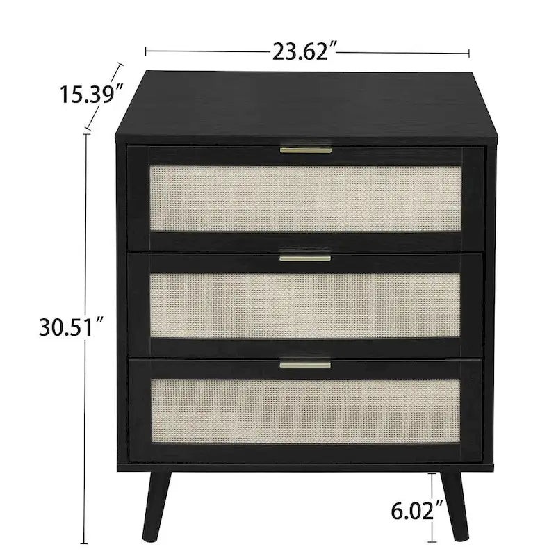 Commode de rangement à 3 tiroirs avec panneaux en rotin et pieds en pin, bleue