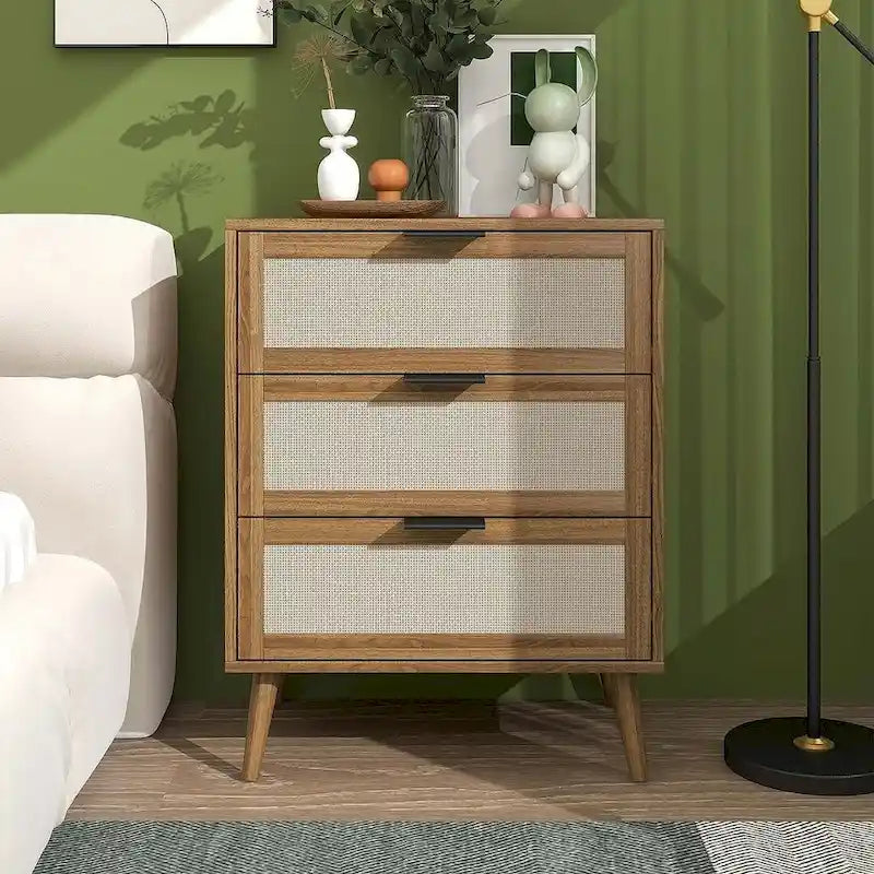 Commode de rangement à 3 tiroirs avec panneaux en rotin et pieds en pin, bleue