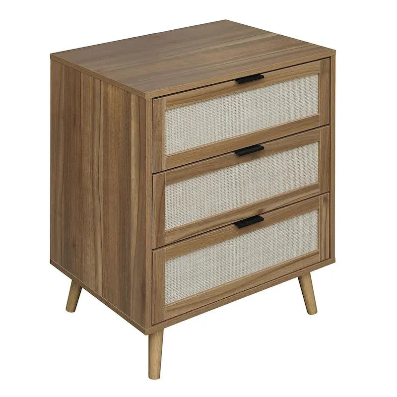 Commode de rangement à 3 tiroirs avec panneaux en rotin et pieds en pin, bleue