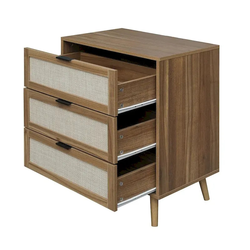 Commode de rangement à 3 tiroirs avec panneaux en rotin et pieds en pin, bleue
