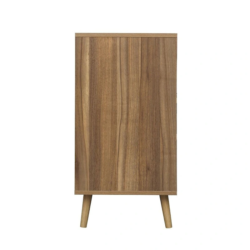 Commode de rangement à 3 tiroirs avec panneaux en rotin et pieds en pin, bleue