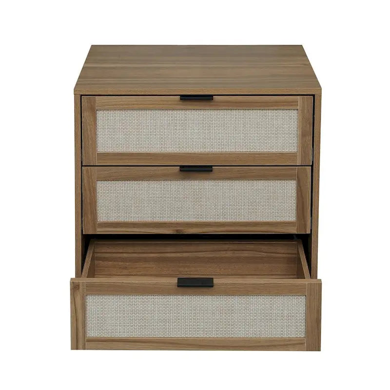 Commode de rangement à 3 tiroirs avec panneaux en rotin et pieds en pin, bleue