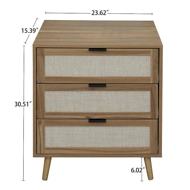 Commode de rangement à 3 tiroirs avec panneaux en rotin et pieds en pin, bleue