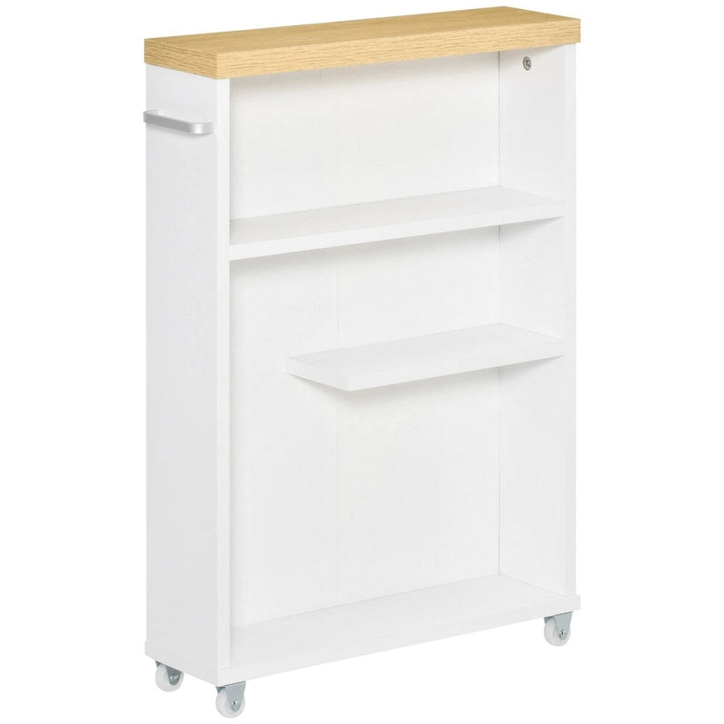 Meuble de rangement de salle de bain blanc fin à roulettes avec étagères ouvertes