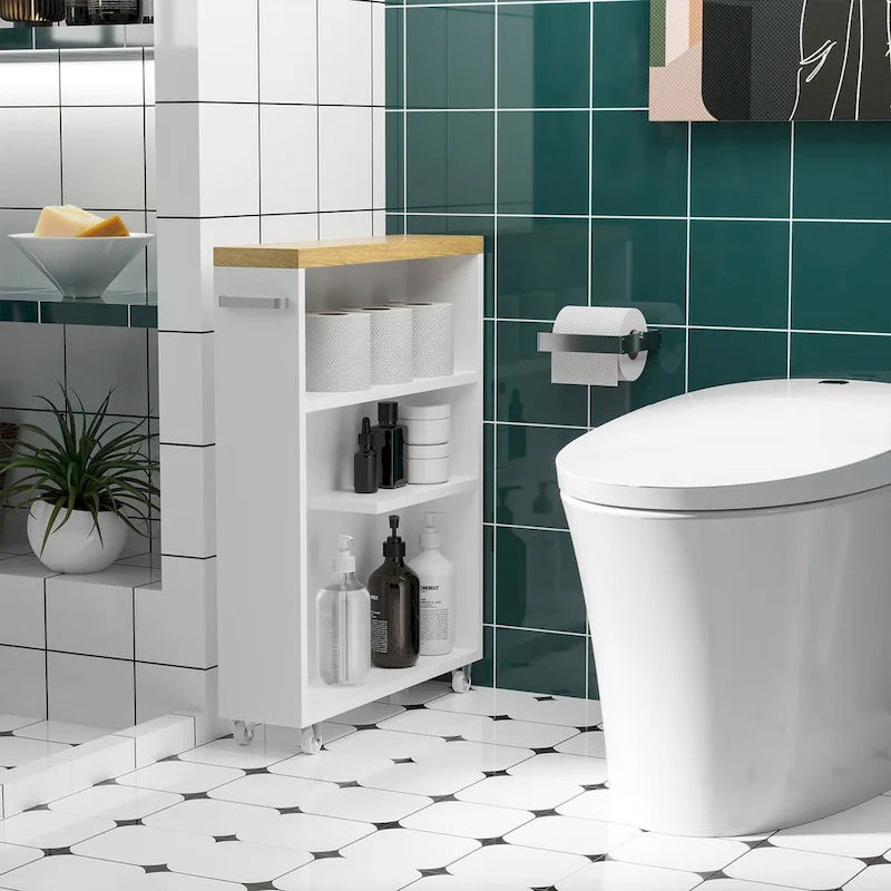 Meuble de rangement de salle de bain blanc fin à roulettes avec étagères ouvertes