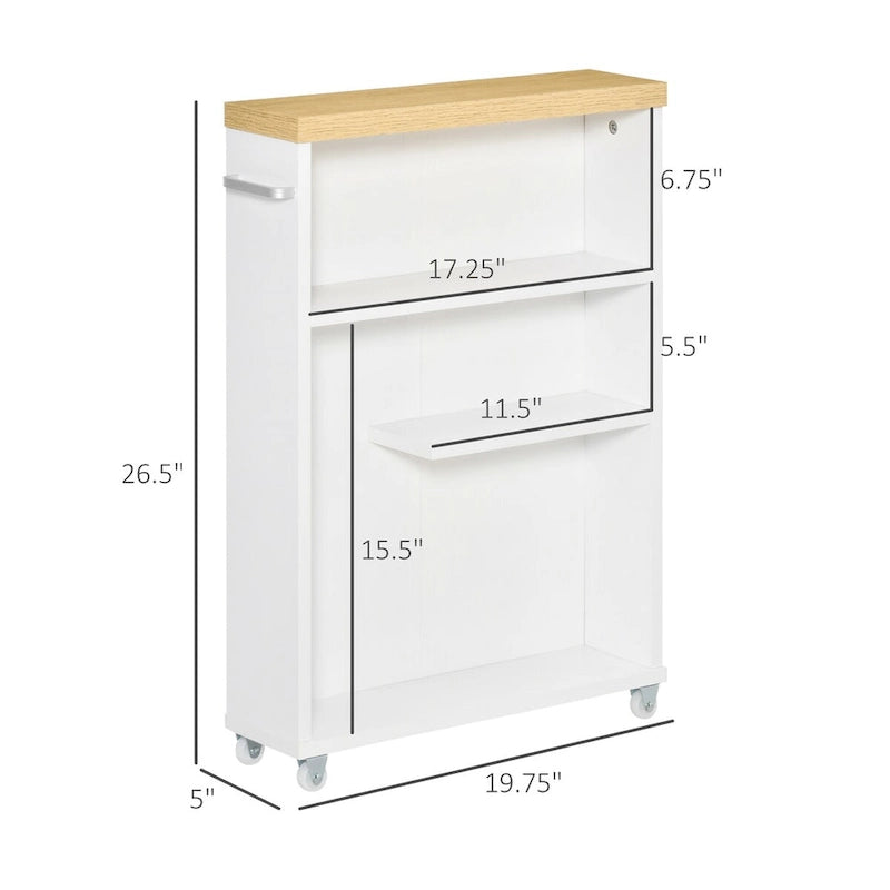 Meuble de rangement de salle de bain blanc fin à roulettes avec étagères ouvertes