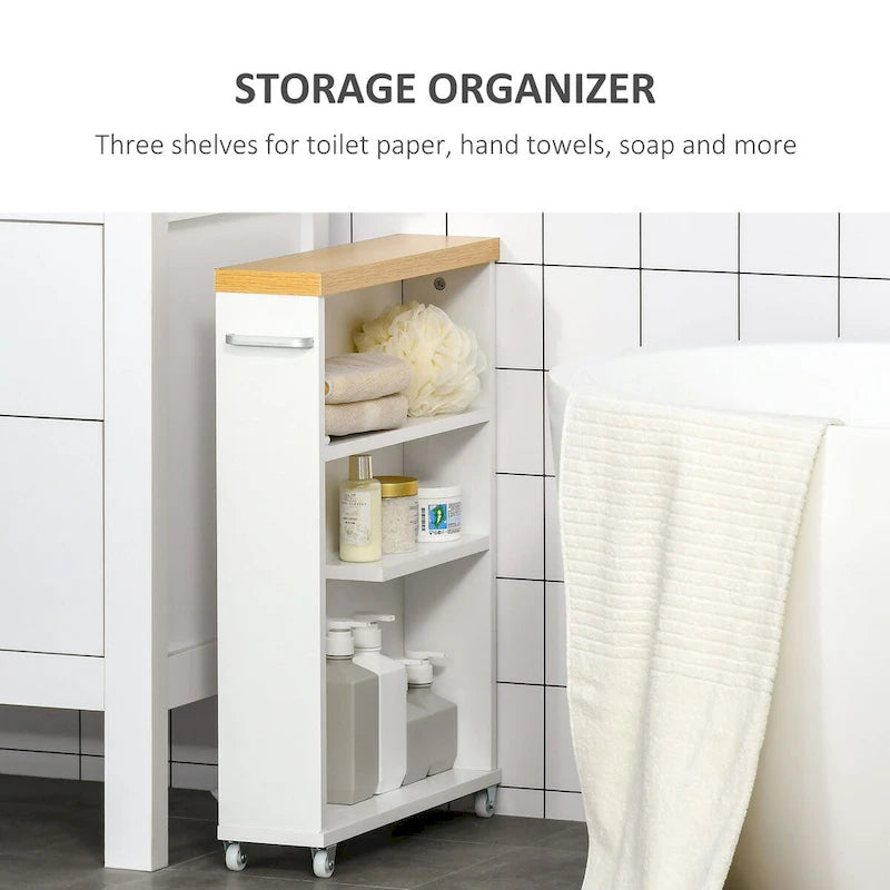 Meuble de rangement de salle de bain blanc fin à roulettes avec étagères ouvertes