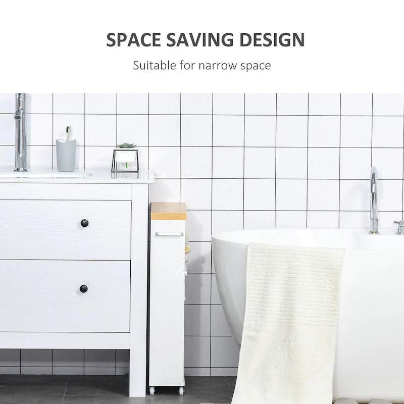 Meuble de rangement de salle de bain blanc fin à roulettes avec étagères ouvertes