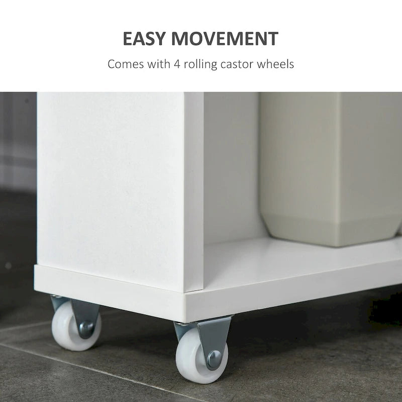 Meuble de rangement de salle de bain blanc fin à roulettes avec étagères ouvertes