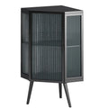 Meuble d'angle de rangement en fer noir avec porte en verre nervuré et double étagère