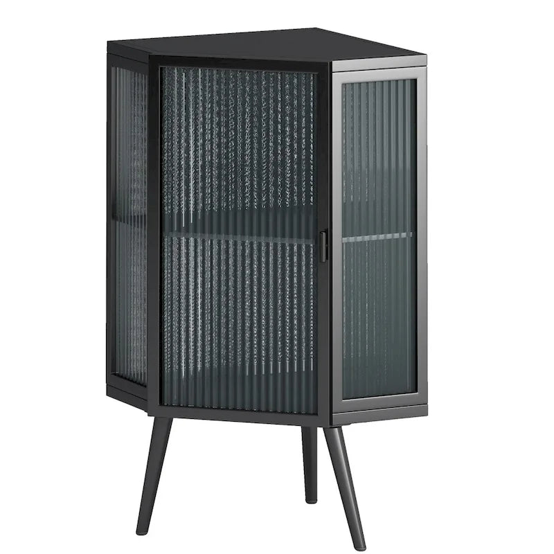 Meuble d'angle de rangement en fer noir avec porte en verre nervuré et double étagère