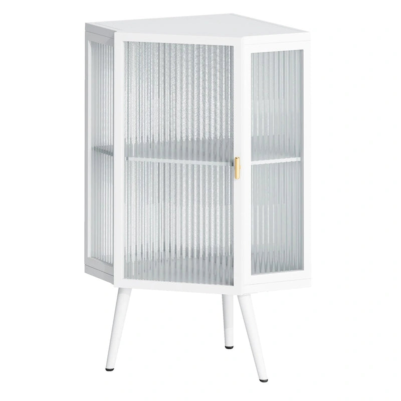 Meuble d'angle de rangement en fer noir avec porte en verre nervuré et double étagère