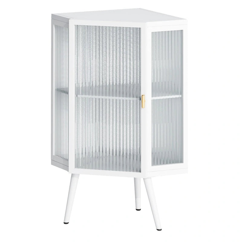 Meuble d'angle de rangement en fer noir avec porte en verre nervuré et double étagère