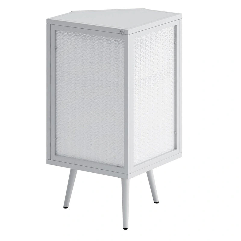 Meuble d'angle de rangement en fer noir avec porte en verre nervuré et double étagère