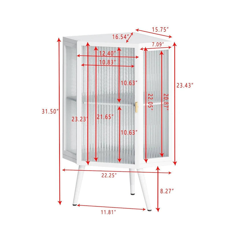 Meuble d'angle de rangement en fer noir avec porte en verre nervuré et double étagère