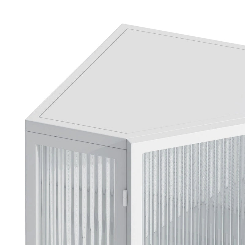 Meuble d'angle de rangement en fer noir avec porte en verre nervuré et double étagère