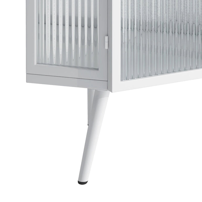 Meuble d'angle de rangement en fer noir avec porte en verre nervuré et double étagère
