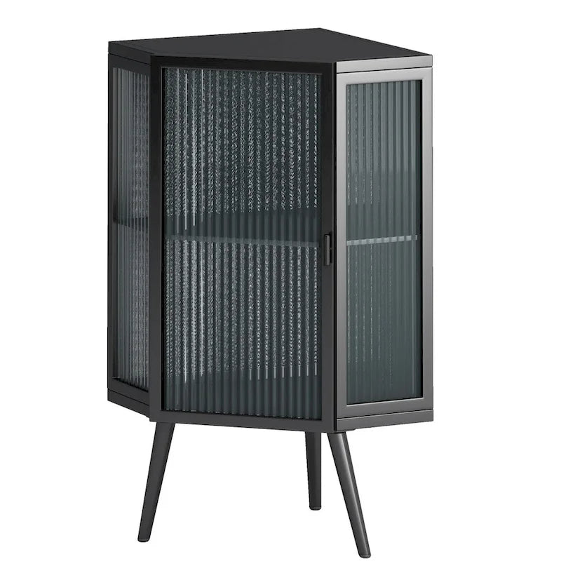 Meuble d'angle de rangement en fer noir avec porte en verre nervuré et double étagère