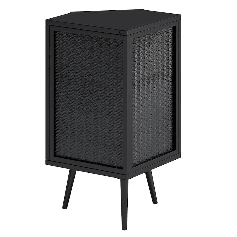 Meuble d'angle de rangement en fer noir avec porte en verre nervuré et double étagère