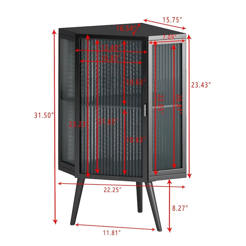 Meuble d'angle de rangement en fer noir avec porte en verre nervuré et double étagère