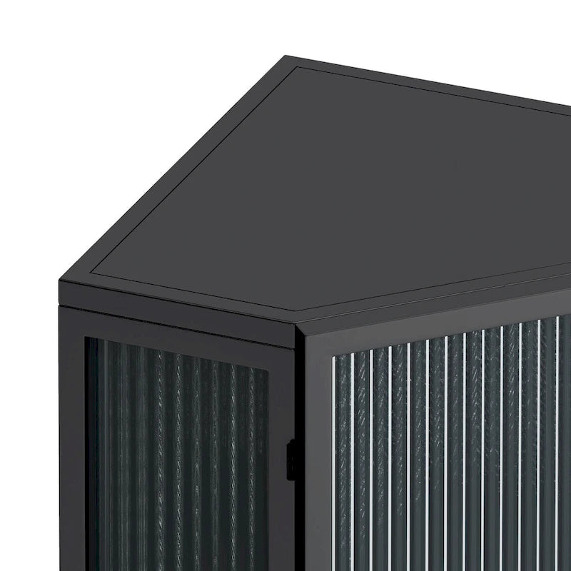 Meuble d'angle de rangement en fer noir avec porte en verre nervuré et double étagère
