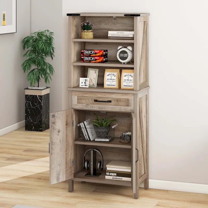 Armoire haute de rangement avec portes, étagères et tiroir marron blanc