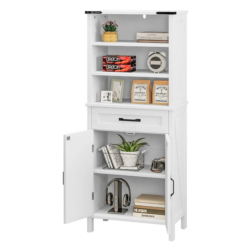 Armoire haute de rangement avec portes, étagères et tiroir marron blanc