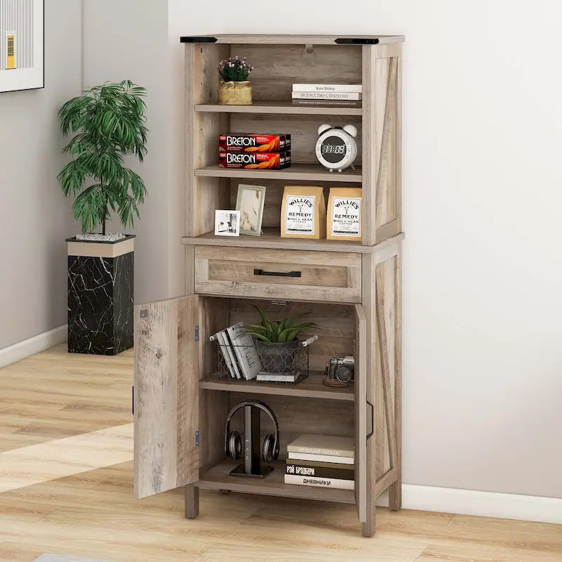 Armoire haute de rangement avec portes, étagères et tiroir marron blanc