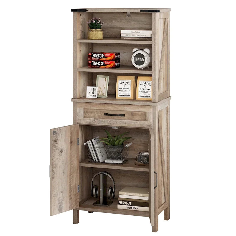 Armoire haute de rangement avec portes, étagères et tiroir marron blanc