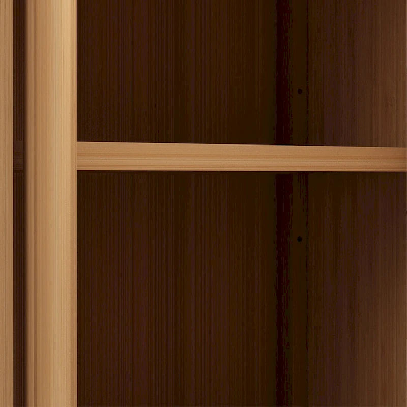 Meuble de rangement à deux portes en bambou avec étagère ouverte, finition naturelle