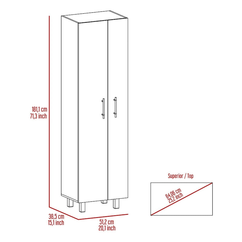 Meuble de rangement haut blanc à deux portes avec cinq étagères intérieures