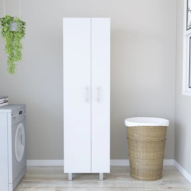Meuble de rangement haut blanc à deux portes avec cinq étagères intérieures