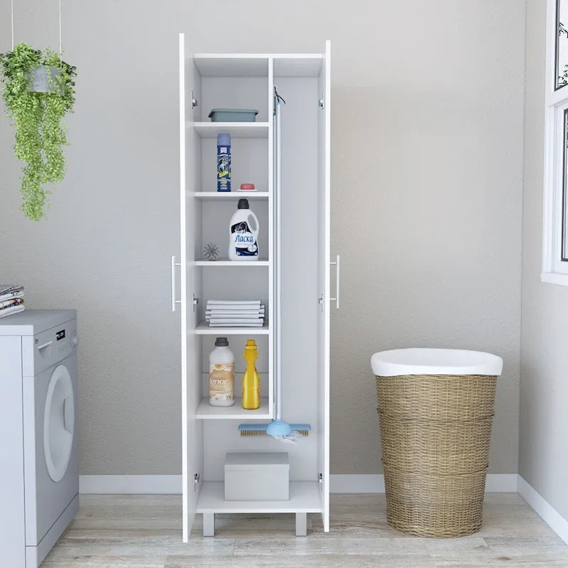 Meuble de rangement haut blanc à deux portes avec cinq étagères intérieures