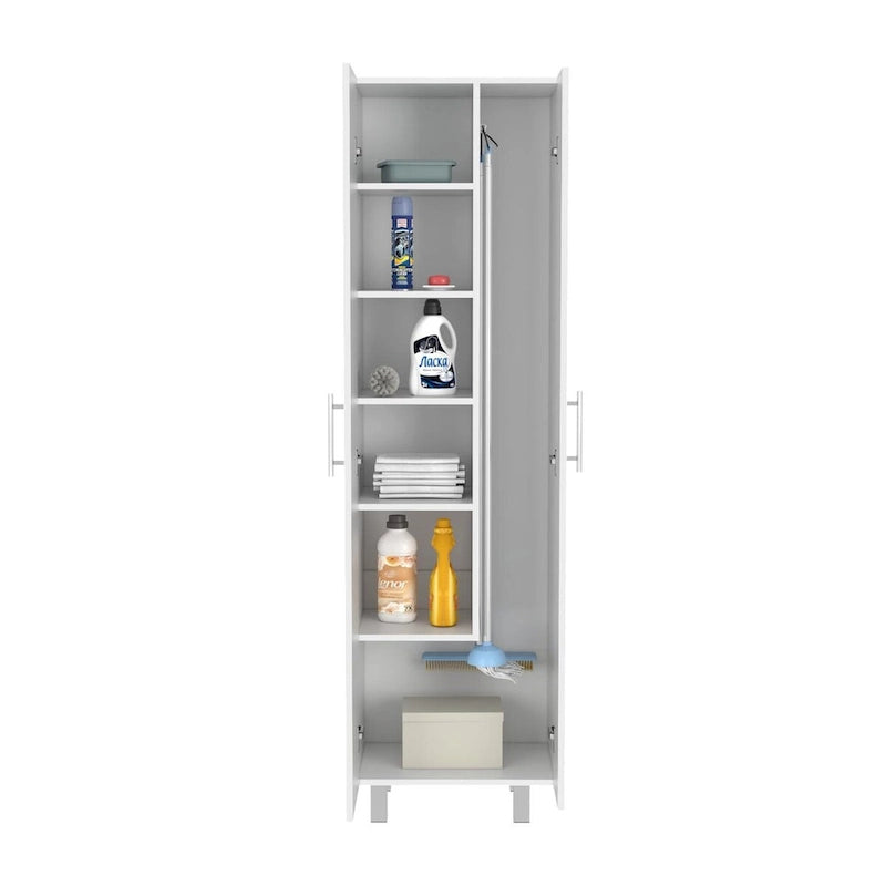 Meuble de rangement haut blanc à deux portes avec cinq étagères intérieures