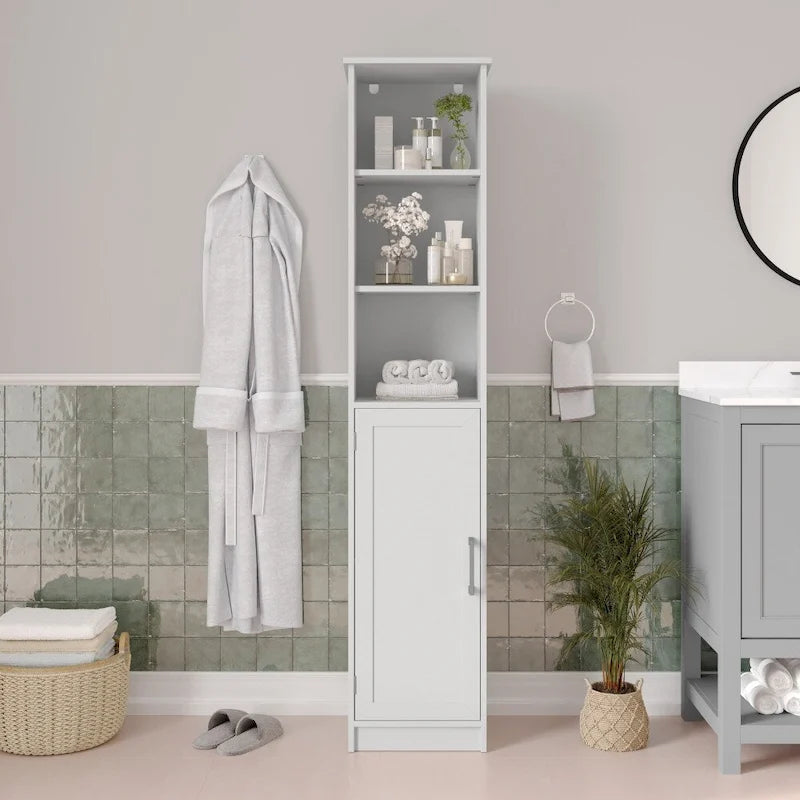 Meuble de Rangement Haut Autoportant avec Étagères Ouvertes et Porte, Blanc et Gris