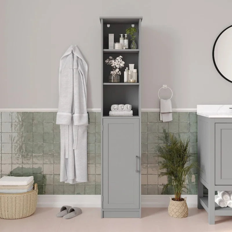 Meuble de Rangement Haut Autoportant avec Étagères Ouvertes et Porte, Blanc et Gris