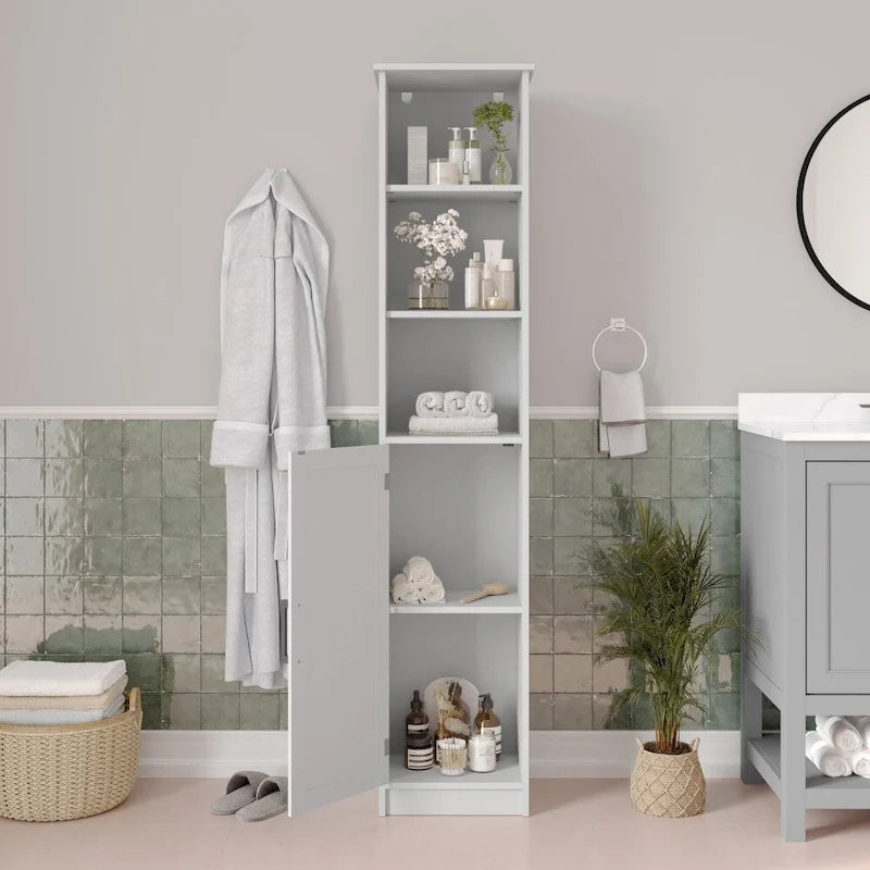 Meuble de Rangement Haut Autoportant avec Étagères Ouvertes et Porte, Blanc et Gris