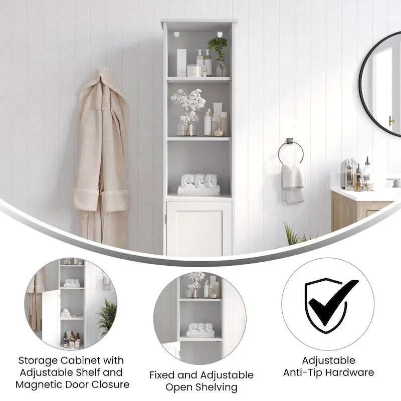 Meuble de Rangement Haut Autoportant avec Étagères Ouvertes et Porte, Blanc et Gris