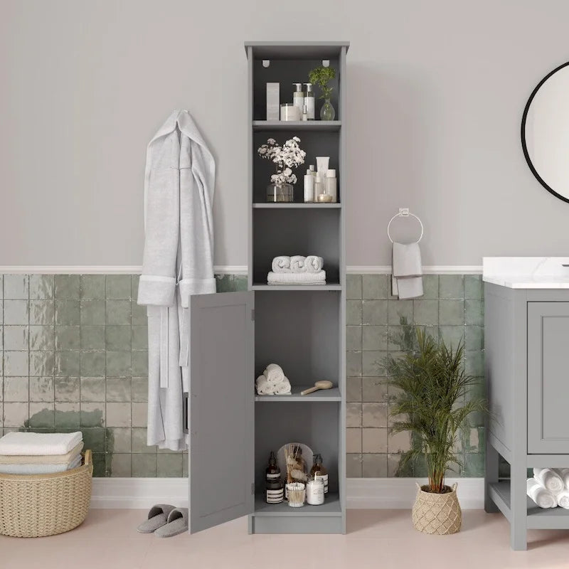 Meuble de Rangement Haut Autoportant avec Étagères Ouvertes et Porte, Blanc et Gris