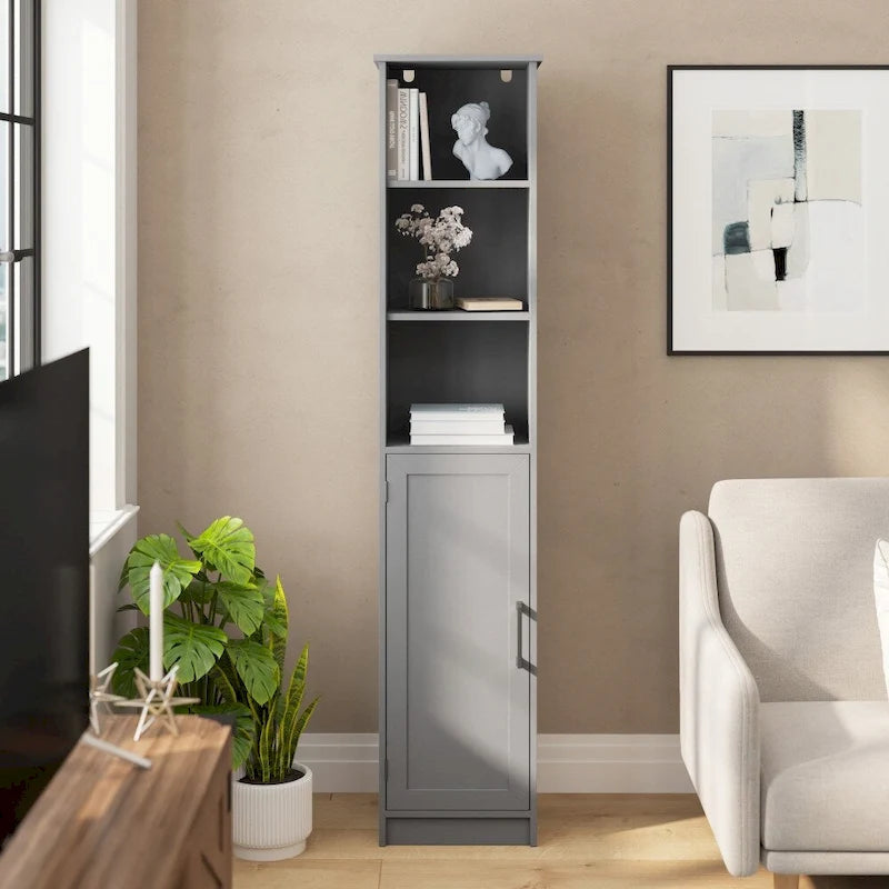 Meuble de Rangement Haut Autoportant avec Étagères Ouvertes et Porte, Blanc et Gris